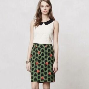 Maeve Anthropologie Heart Stamp Pencil Skirt Womens 4 Green Red Art Teacher Twee